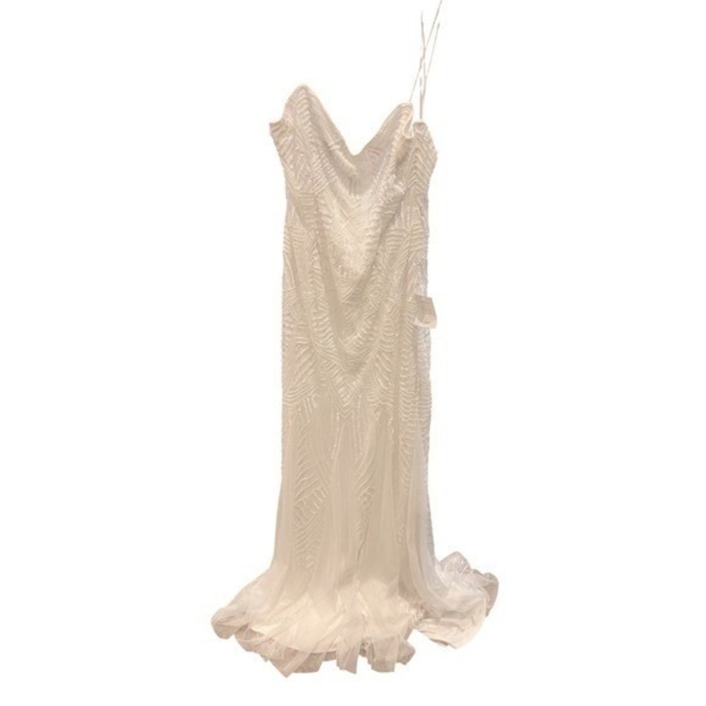 Lulus bridal White Beaded Sequin Art Deco Maxi Dress Formal Evening Gown Size XL